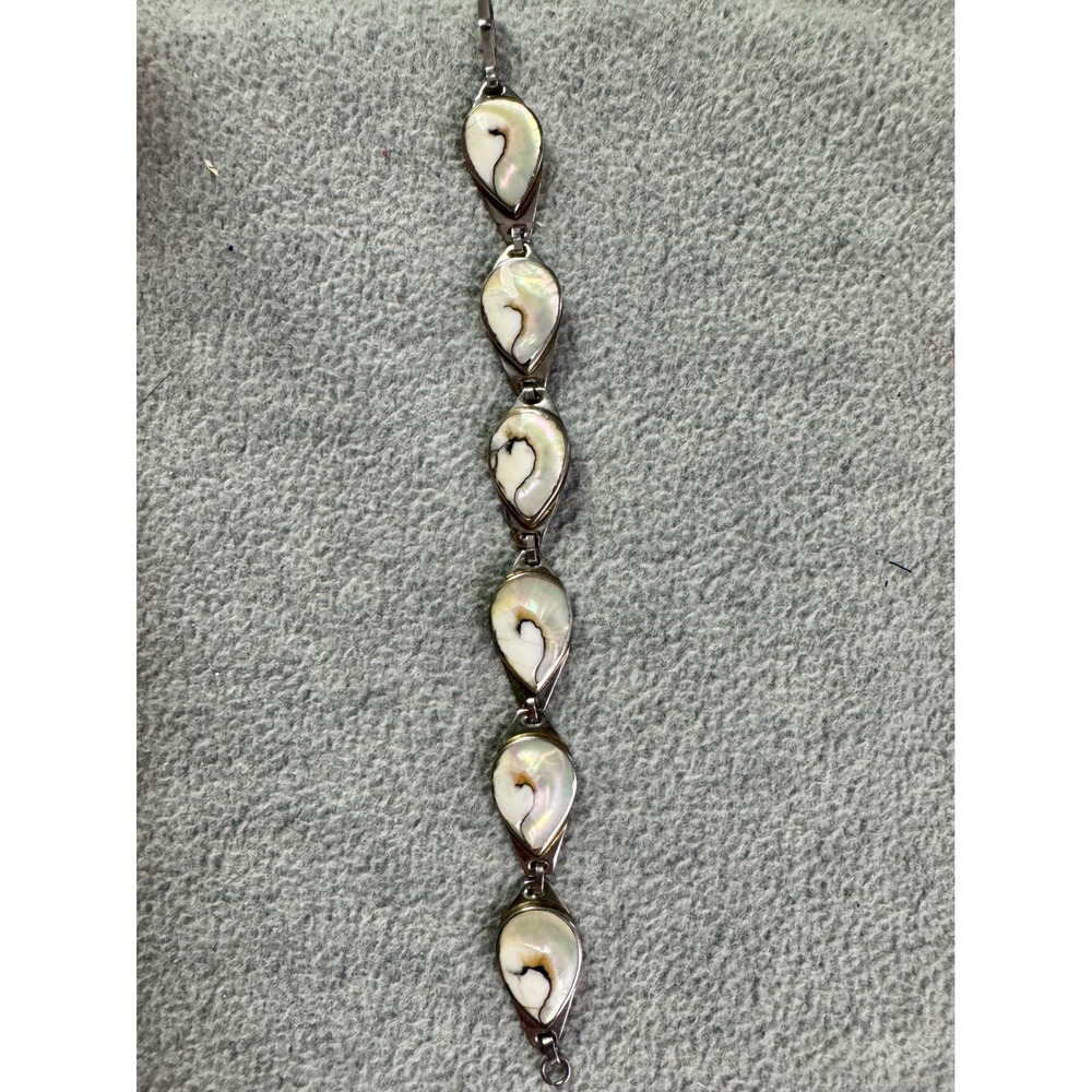Vintage Shiva Eye Shell Teardrop Link Bracelet Silver Tone Iridescent Boho 7.25"